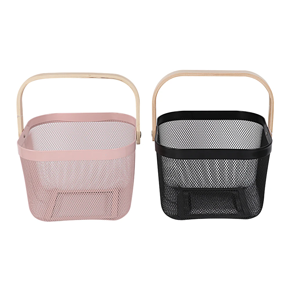 Multi-function Hanging Kitchen Mesh Metal Wire Baskets Fruit Basket Bin with Wood Handle for Kitchen