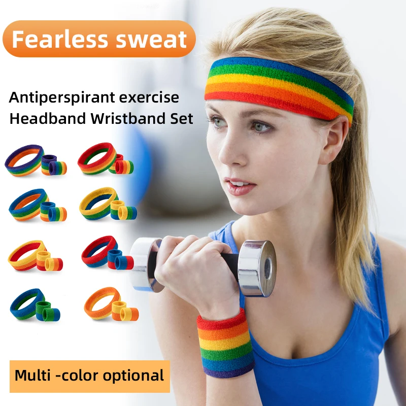 Intermediate Colour Sweatband Wristband Headband Sets Rainbow MultiColor for Sports Fitness Tennis Party Wrist Sweat Band