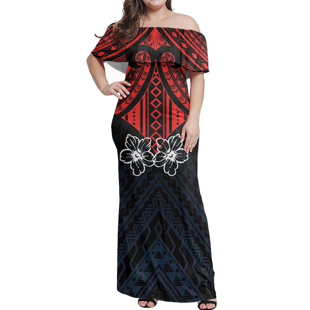 Hawaiian Tribal Tattoo Pattern Off The Shoulder Wedding Dress Short Sleeve Bodycon Evening Dress Party Long Maxi Dress Beach