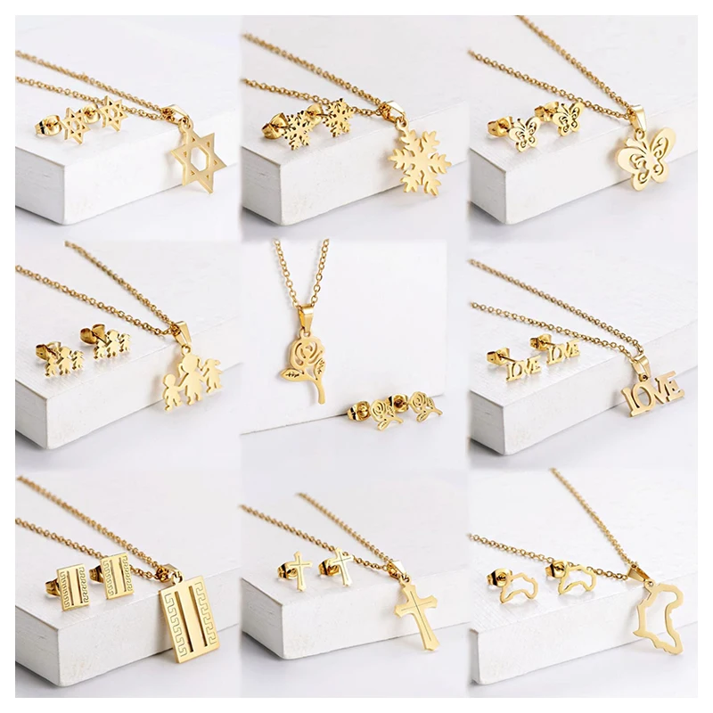 Fashion Jewelry Stainless Steel 18K Gold Plated Hexagram Snowflake Rose Cross Sun Love Dolphin Necklace Earrings Set