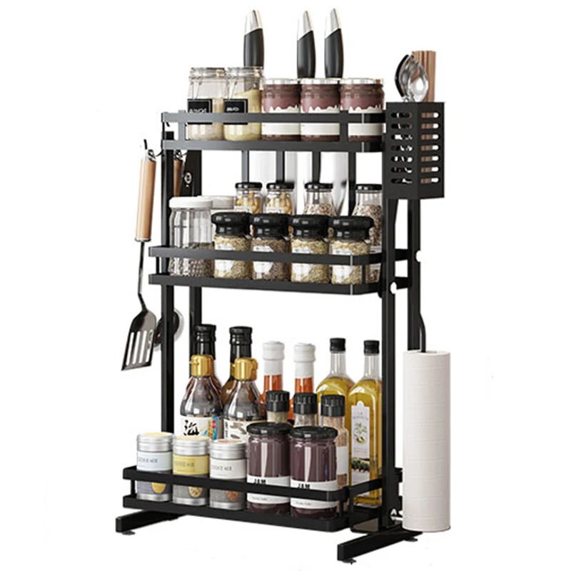2-3 tiers foldable 201 stainless steel collapsible organizers spice jar storage rack seasoning shelf set with knife holder