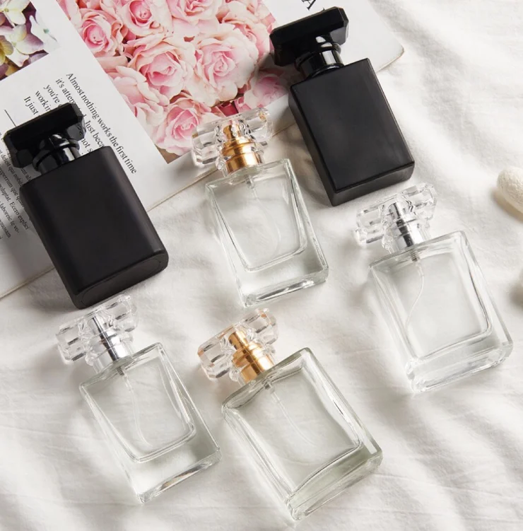 BESTSUN wholesale 30ml 50ml 100ml clear empty fragrance glass with pump spray lid perfume bottle square atomizer for cosmetic