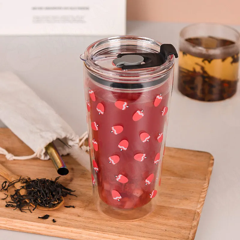 Reusable Borosilicate  Double Wall Glass Boba Tumbler Bubble Mug with Wide Mouth Lid and Straw Glass tea tumbler boba travel mug