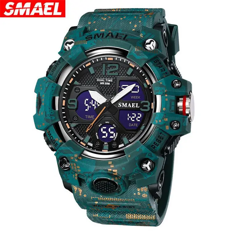 SMAEL Camouflage 8008 NEW Men Watches Sport Dual Time Style 50M Waterproof Clock Alarm Stopwatch Quartz Wristwatches For Men