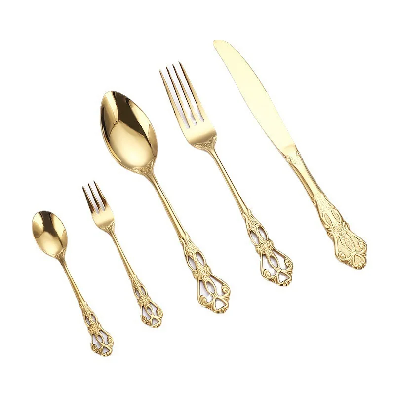 New Embossed Gold Cutlery Stainless Steel Knife Fork Dessert Spoon Wedding Silverware Flatware Set