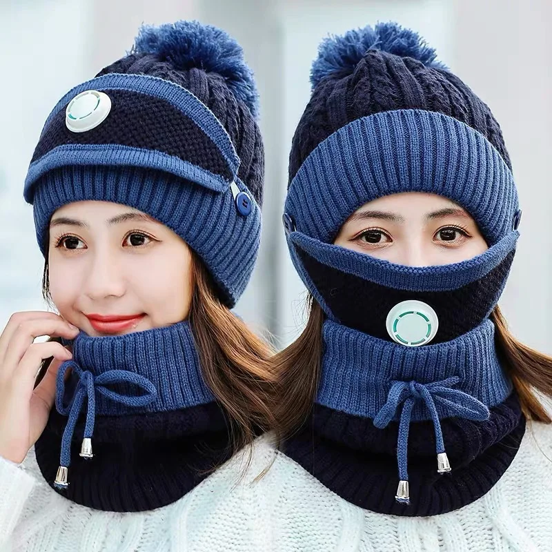 Women Scarf Hat Set Warm Infinity Scarf Pom Pom Beanie Hat Snow Ski Cap Winter Hats with Breather Valve Knitted Keep Warm