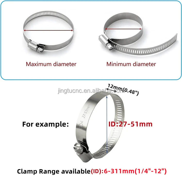 12mm Width SS 304 Stainless Steel American Hose Clip Screw Drive Worm Gear Hose Clamp for 1/4 to 12 Inch Automotive Pipe Tubing