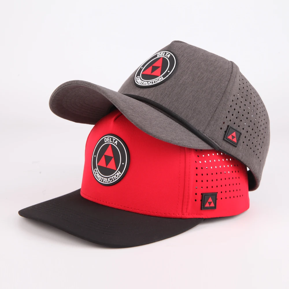 OEM Custom 5 Panel Rubber Pvc Logo Rope Baseball Cap,Waterproof Laser Cut Hole Perforated Hat,Performance Sports Dad Hat