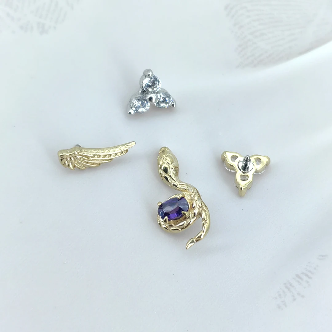 Calendo 2023  New Arrival 14K Karat Fine Solid Gold Threadless Push-in Flat Tops Animal Snake Purple Zircon Piercing Jewelry