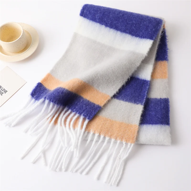 Fashion Thick Warm Scarf for Women Striped Print Long Imitate Cashmere Blanket Stoles Girls Rainbow Pashmina Bufanda With Tassel