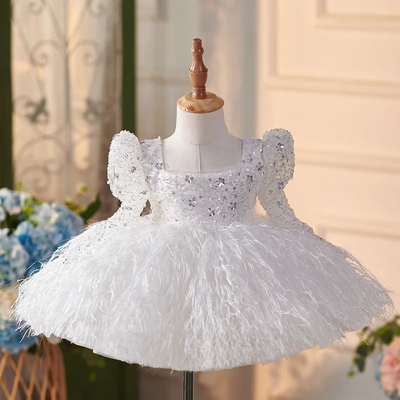 Spring White Sequined Feather Fluffy Celebration Frock Kid Party Prom Gown Flower Girls Wedding Dresses Children Baby Clothing