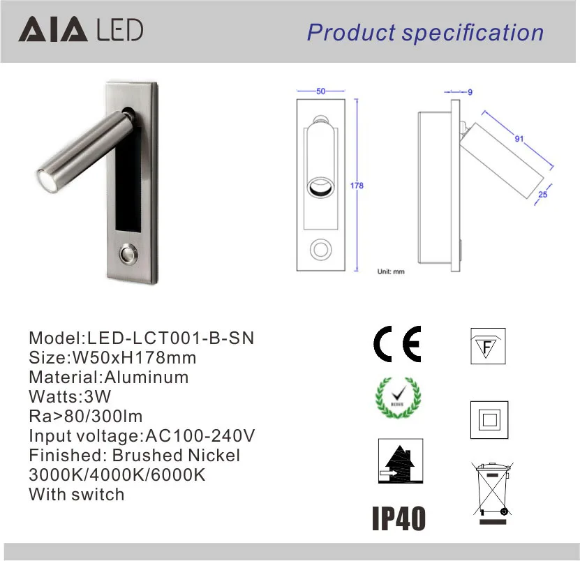 Adjustable headboard wall lamp led bed wall reading lamps energy saving bedside wall lights 3W for dormitory for hotel villa