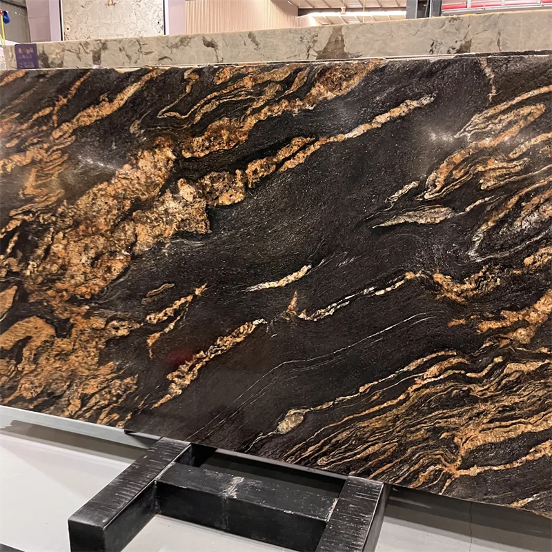 Luxury Good Quality Polished Black Gold Quartzite Slab For Interior Wall Decor Black Gold Granite Kitchen Countertop