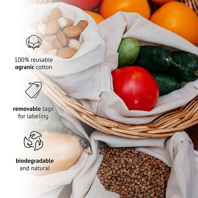 12 Pcs Reusable Muslin Storage Canvas Organic Cotton Bags with Drawstrings Biodegradable Fabric Bags - Snack Bags