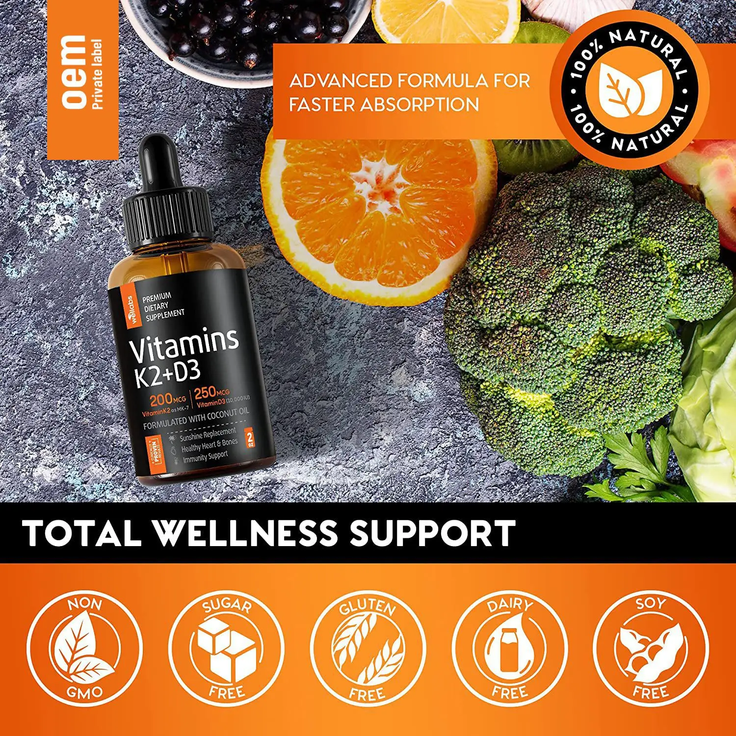 OEM ODM Protect the Heart Promote Bone Development Calcium Supplement Vitamin D3 K2 Liquid Drops Vitamin D3 Health Oil