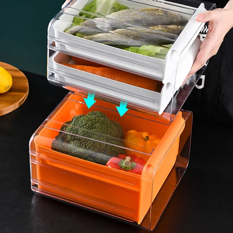 Штабелируемый кухонный органайзер для холодильника, контейнер для хранения пищевых продуктов, прозрачный контейнер для хранения пищевых продуктов, корзина со сливным лотком