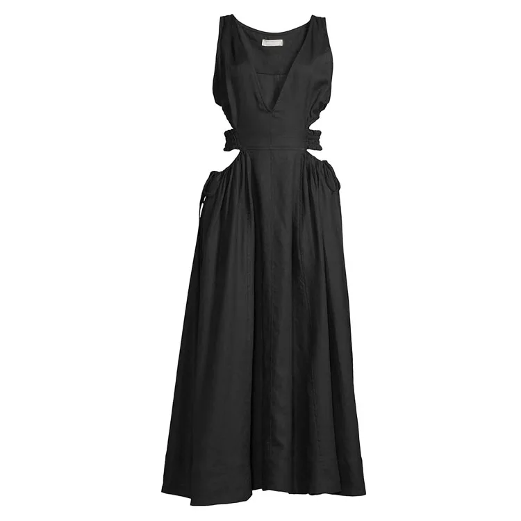 OEM Plus Size Cut Out Gather Waist Pullover Cotton Linen Blend Dinner Dress for Normcore Minimalist Dresses