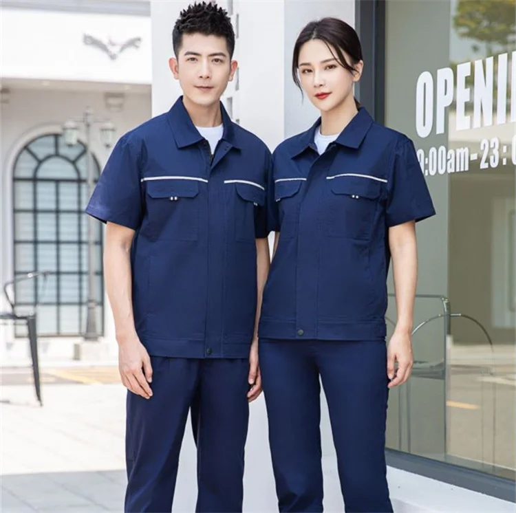 short sleeve industrial mechanic logo custom working uniform labor protection workshop work wear suit zipper jacket pant set