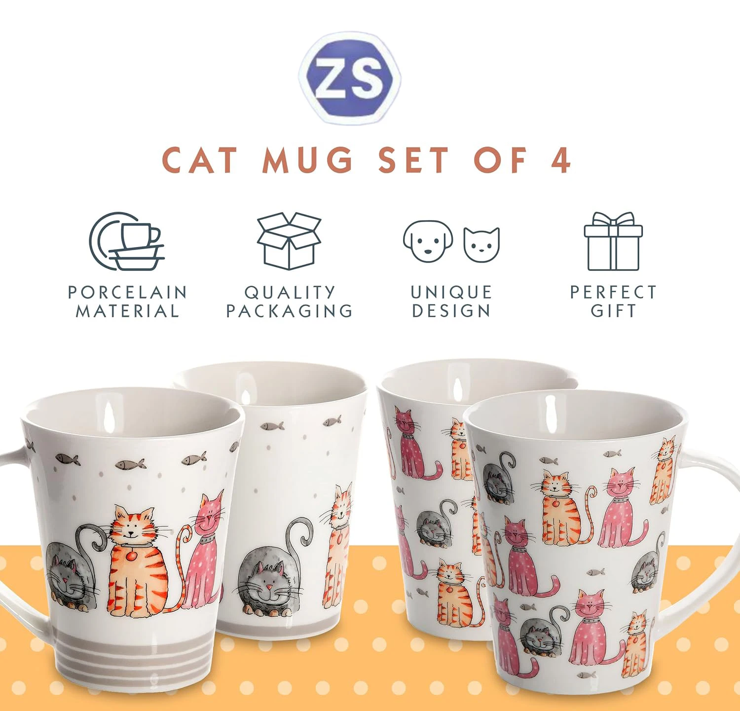 ZS 360ml Set of 4 Cute Happy CAT Themed Ceramic Porcelain Tea Coffee Cups Gifts for Cat Lovers and Animal Lovers Women Men Kids