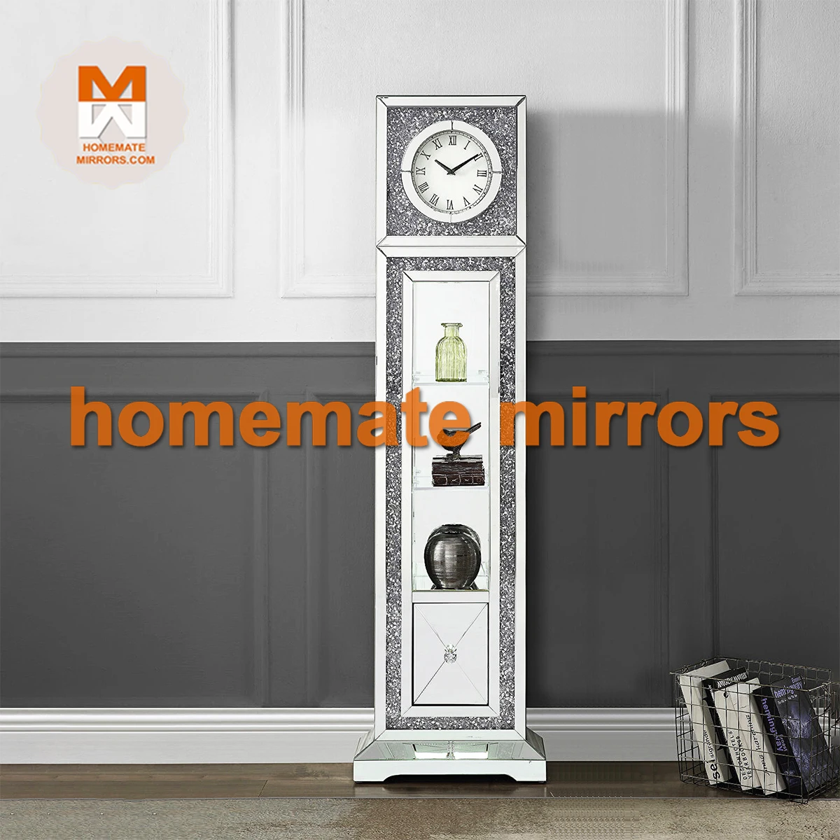 Hot Competitive Big Mirrored Floor Grandfather Clock with Faux Crushed Diamonds