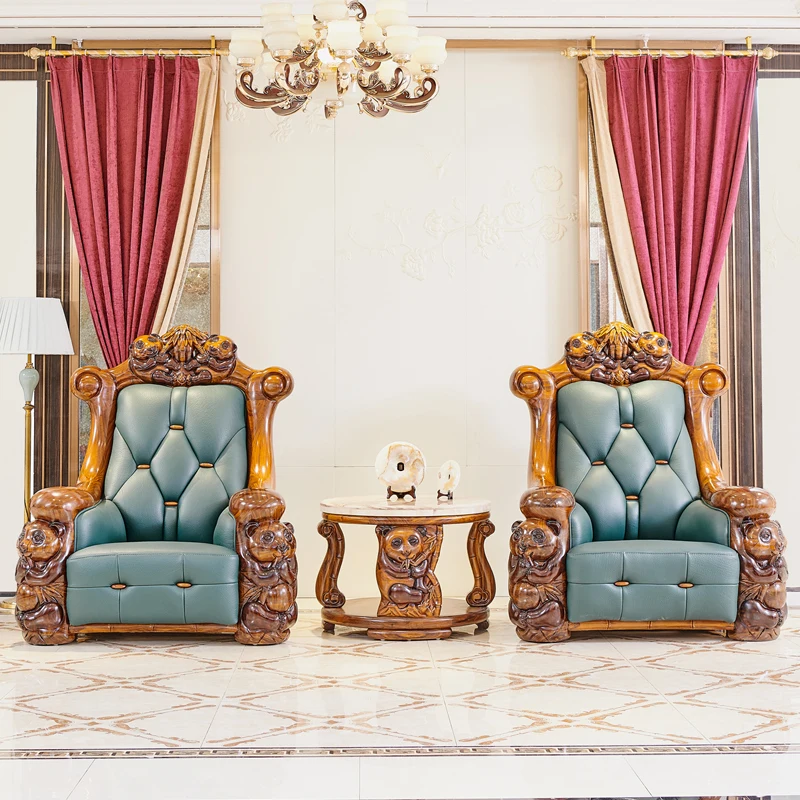 European Antique Living Room Sofas Luxury Solid Wood Leather Sofa Set