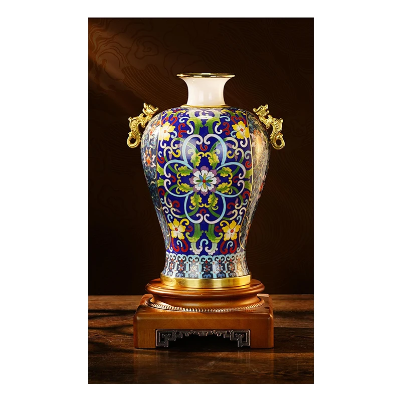 Ваза перегородчатая Нефритовая обернутая левым и правым металлическим Эмалевым орнаментом дракона