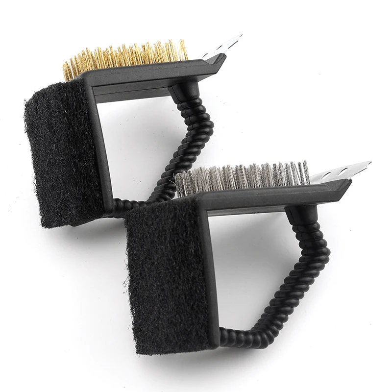 Barbeque Tools 3 in 1 Grill Cleaning Brush Grill Scraper Copper Steel Wire Cleaning Bristles Scrub Pad and Scraper