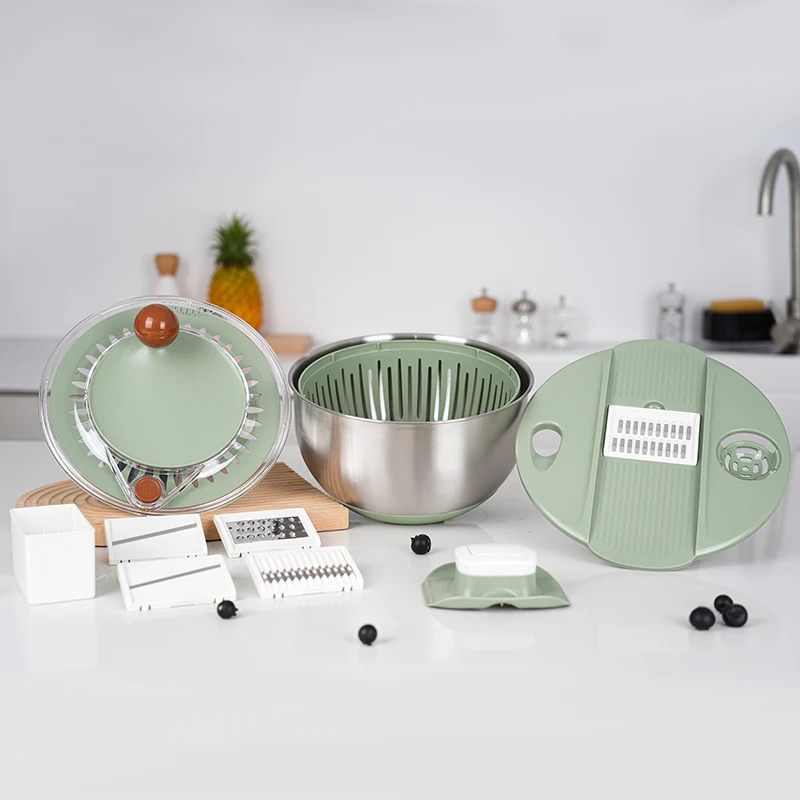 Multifunctional 5 Blade Stainless Steel Fruit Salad Spinner Lettuce Slicer Vegetable Rotary Dryer Chopper Salad Mixer Tools