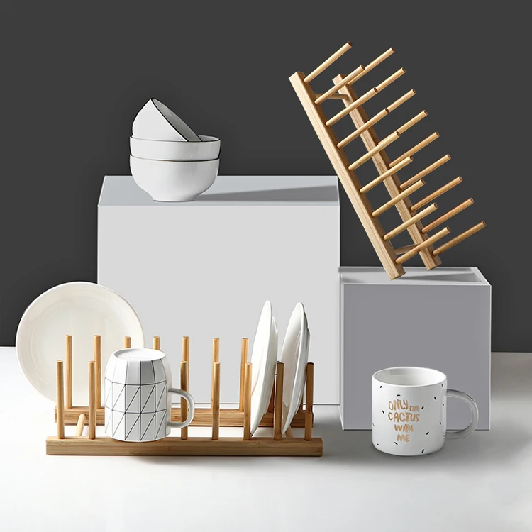 SANIPRO Supermarket Durable Bamboo FreeStanding Cup Drying Holder Dish Drainer Wooden Kitchen Utensil Plate Storage Racks