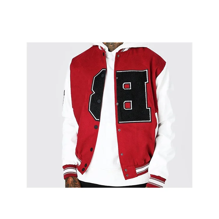utility Oem Custom Men Red Autumn Bomber Letter Patch Varsity Jacket With Leather Look Sleeves