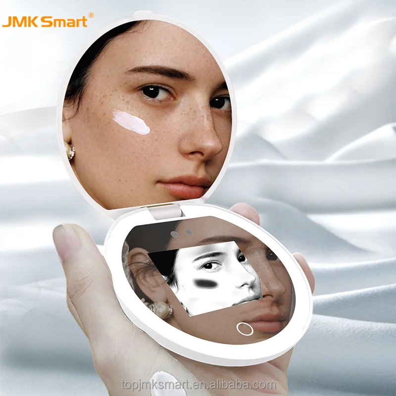 JMK OEM Rechargeable Wireless Smart Sunscreen UV Mirror Makeup Vanity LED Pocket Mirror UV Detection Magic Mirror