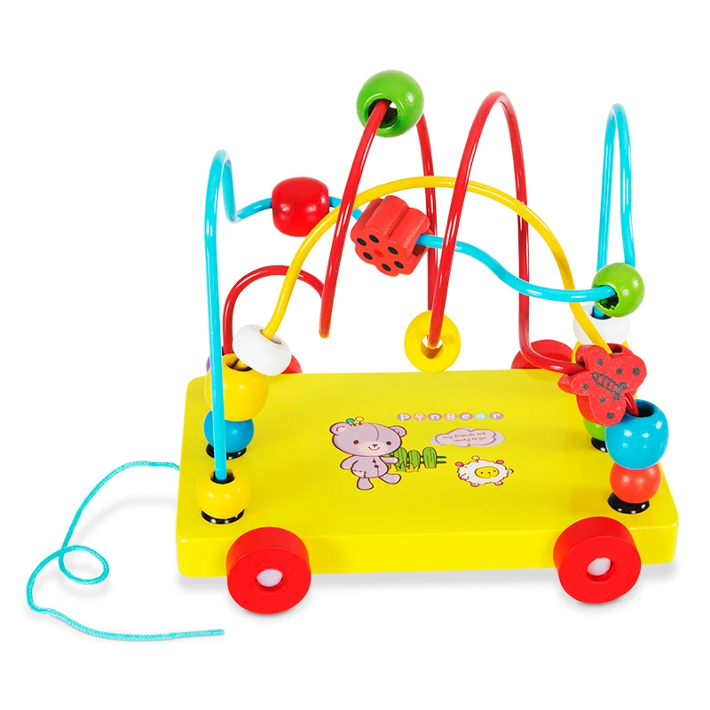 Amazon Hot Selling Multi-color Animal Wooden Educational Bead Maze Toy Customized Pull Car Set Toy