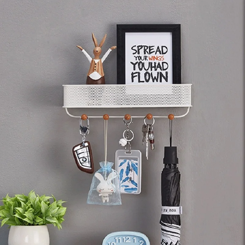 metal mesh floating shelves wall decorative key mail towel rack holders clip hanger for with 5 Hooks storage holders & racks