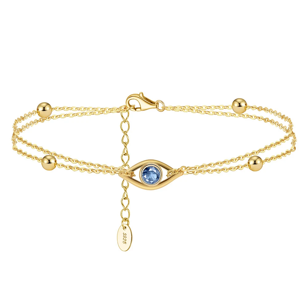 BAPB04 RINNTIN Pure 925 Sterling Silver Ball Chain Bracelet 14K Gold Plated 2 Layers Evil Eyes Bracelet for Women