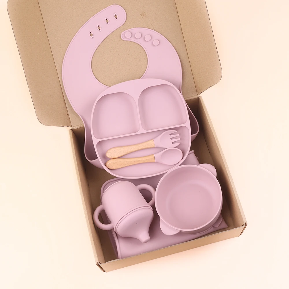 New Baby Product Idea 2025 Silica Gel Bpa Free Suction Bowls Plate Bib Spoon Tableware Set Silicone Baby Feeding Set