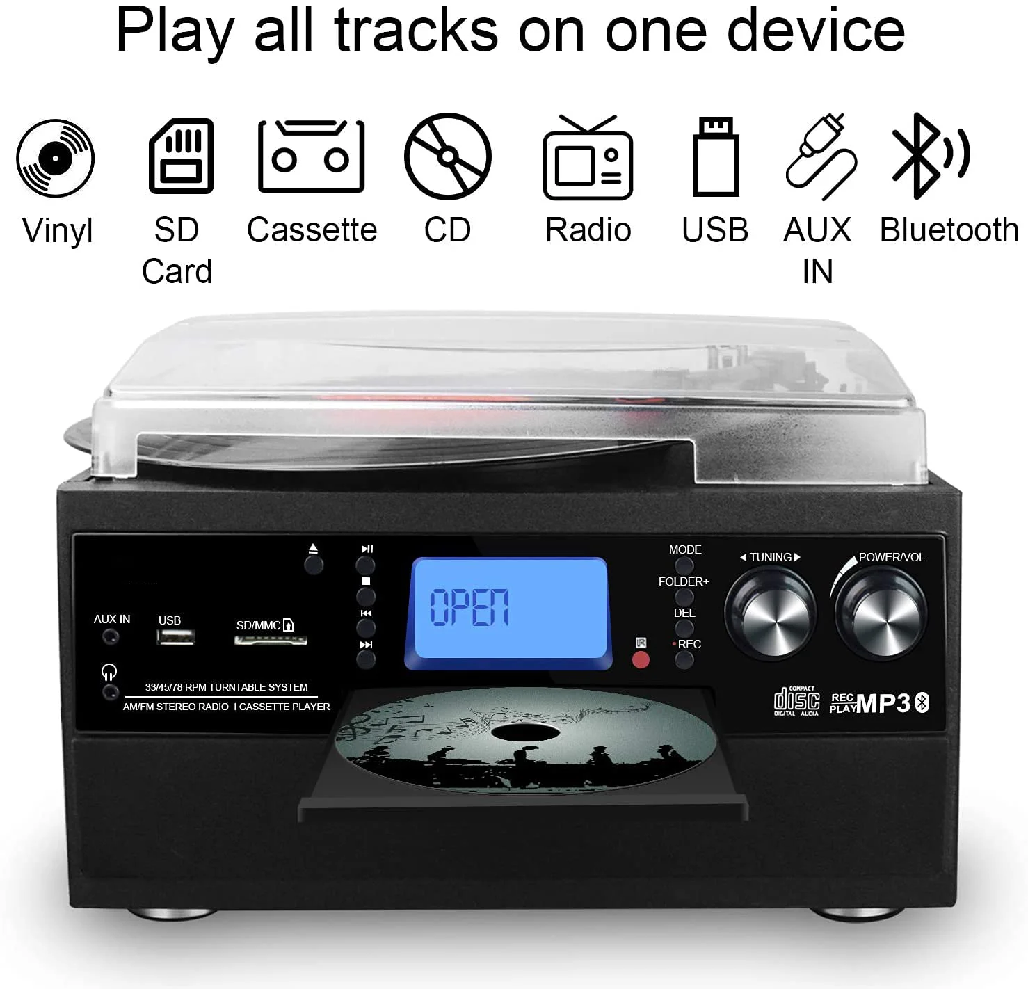 Twin CD Turntable with two Stereo Speakers, LP Vinyl to MP3 Converter with CD, Cassette, Radio, Aux in and USB/SD Encoding