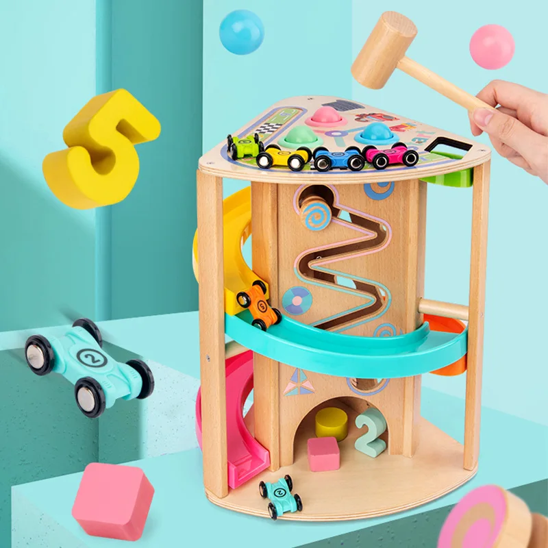 Wooden Early Education Knocking Ball Matching Game Toys Gift Baby Puzzle Track SlidingMultifunctional Rotating Track Slide Car
