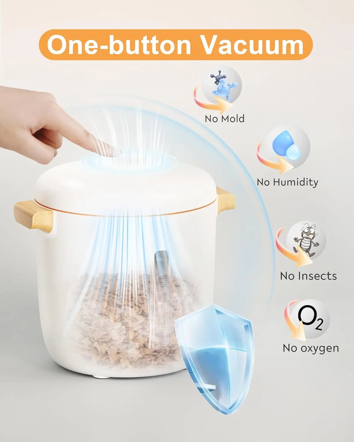 Portable 14L White Dry Food Storage Real-time Vacuum Status Healthy Nutritional Grains Viewable Window Automatic Water