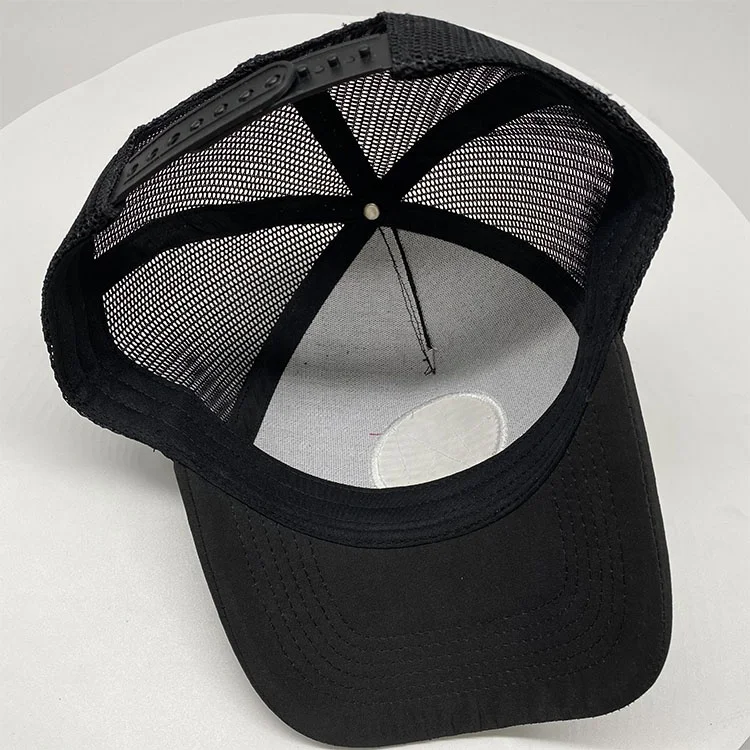 Custom flat embroidered circle woven patch trucker cap 5 panel black nylon trucker hat