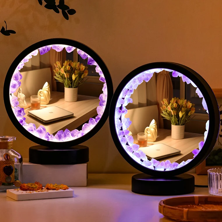 Акриловое круглое наполняющее зеркало, домашний декор, аметист, натуральные целебные хрустальные камни, настольный декор, круглый хрустальный зеркальный светильник с USB