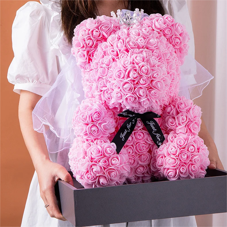 Top Quality PE Flower Teddy Bears In Gift Box 25cm/40cm Foam Rose Flower For Valentine Day Gift Rose Bear