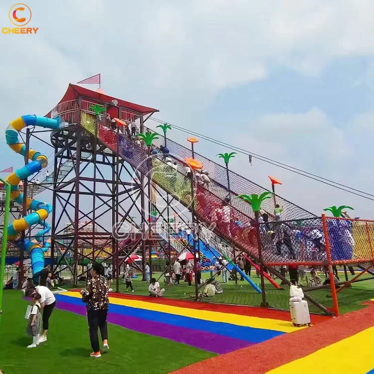 Fun amusement park product kids combo slide children rope net playground with spiral slide glass platform