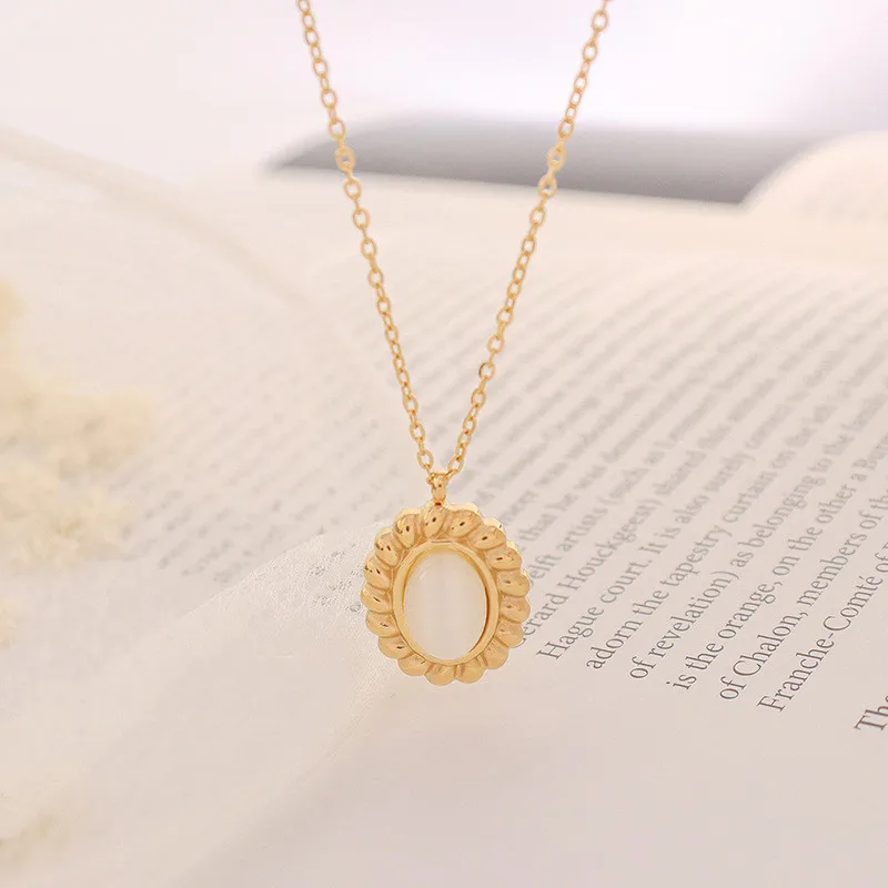 Sland Fine Jewelry Minimalist Designers Stainless Steel 18K Gold Plated Medallion Stone Opal Earrings Necklace Women Jewelry Set