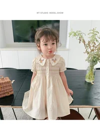 Baby Clothes Summer Kids Bishop Smocked Floral Dress Embroidered Collar Cute Girls Casual Dresses