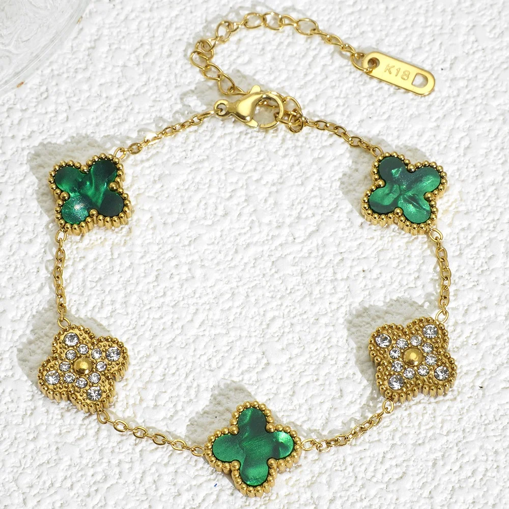 Four Leaf Clover Bracelets for Women 18 K Gold Plated Diamond Luxury Jewelry Shopify Dropship Green Van Flower Fashion Bracelet