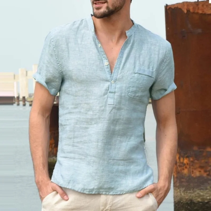 Wholesale Male Short Sleeve Linen Button T-Shirt V-Neck Fashion Summer Solid Casual Cotton Linen T Shirts