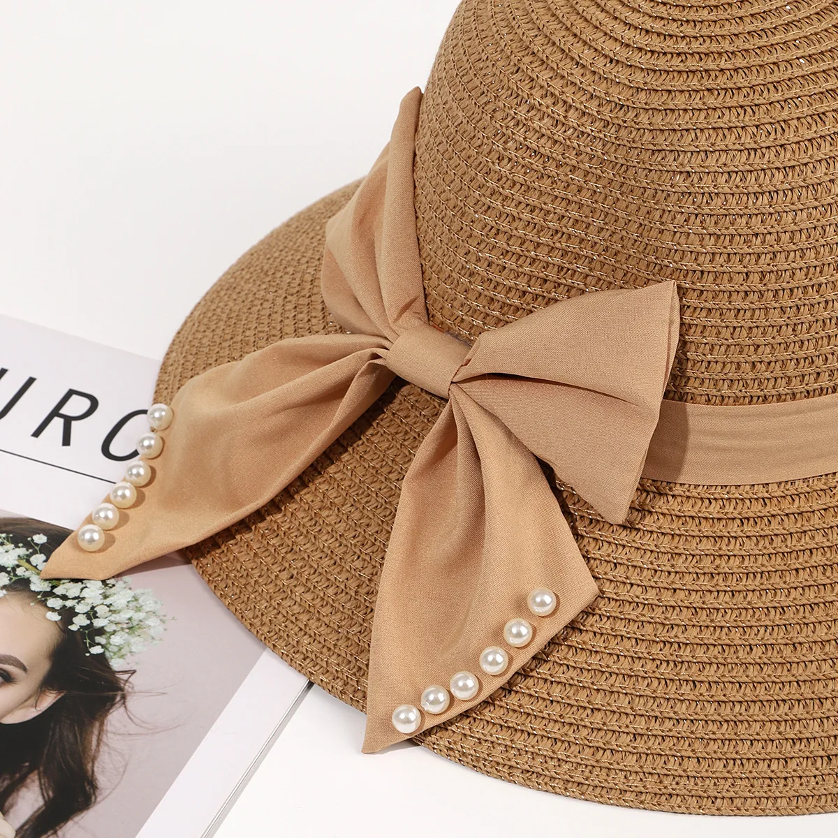 Recycled Bow Shaped Sun Hats For Women Summer Pearl Split Summer Women Top Hat Travel Big Eaves Wholesale Straw Hats