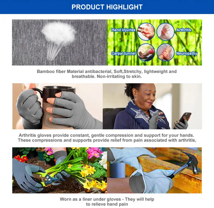 Custom Pain Relieve Therapy Compression Gloves Bamboo Fiber Anti Arthritis Half-Finger Hand Mittens