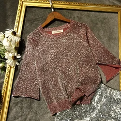 Summer 2022 Bling Half Sleeve Slit T Shirt Women Korean Style Slim Fit Knitted T Shirt Female Korean Fashion Shirt Top