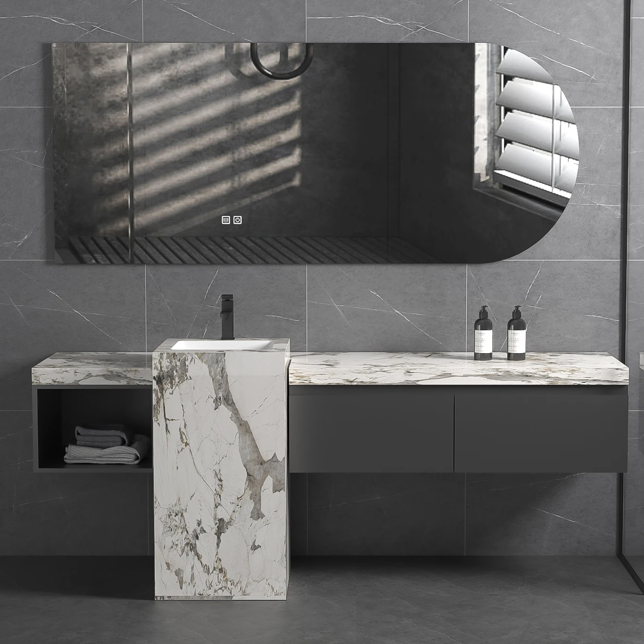 Hotel Home Bathroom Freestanding Marble Hand Wash Basin Lavabo Sintered Stone One Piece Pedestal Sink